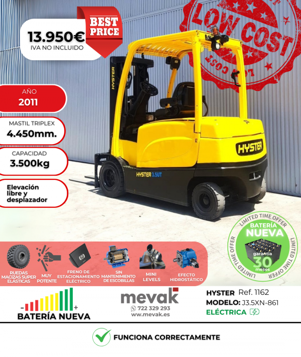 CARRETILLA ELEVADORA HYSTER SEGUNDA MANO BATERÍA NUEVA