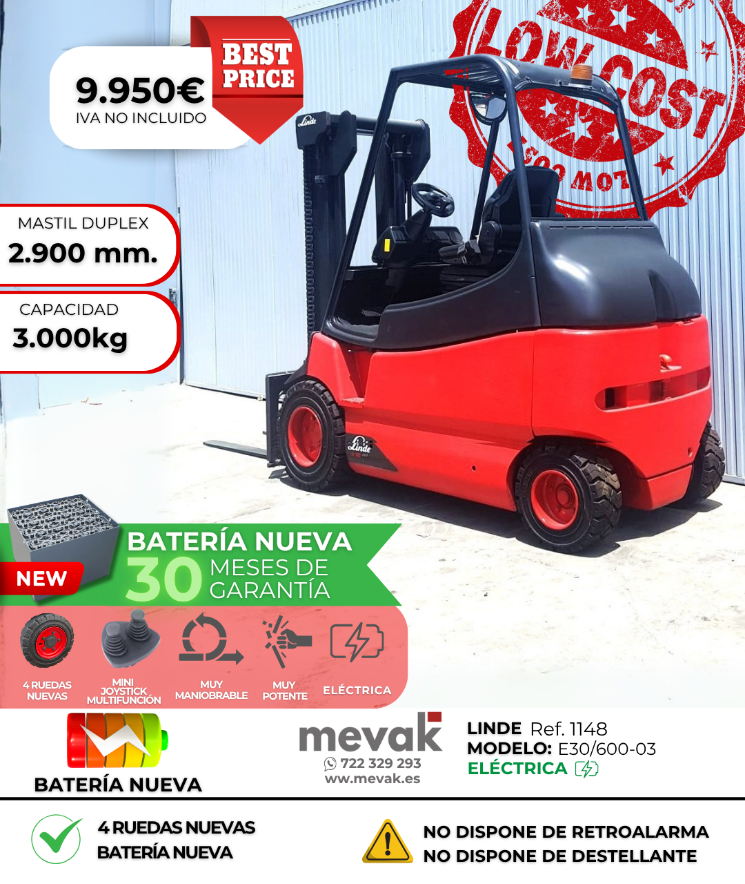 CARRETILLA ELEVADORA LINDE BATERÍA NUEVA