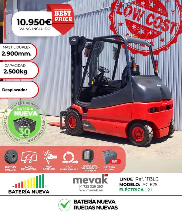 CARRETILLA ELEVADORA LINDE 2500 KG BATERÍA NUEVA