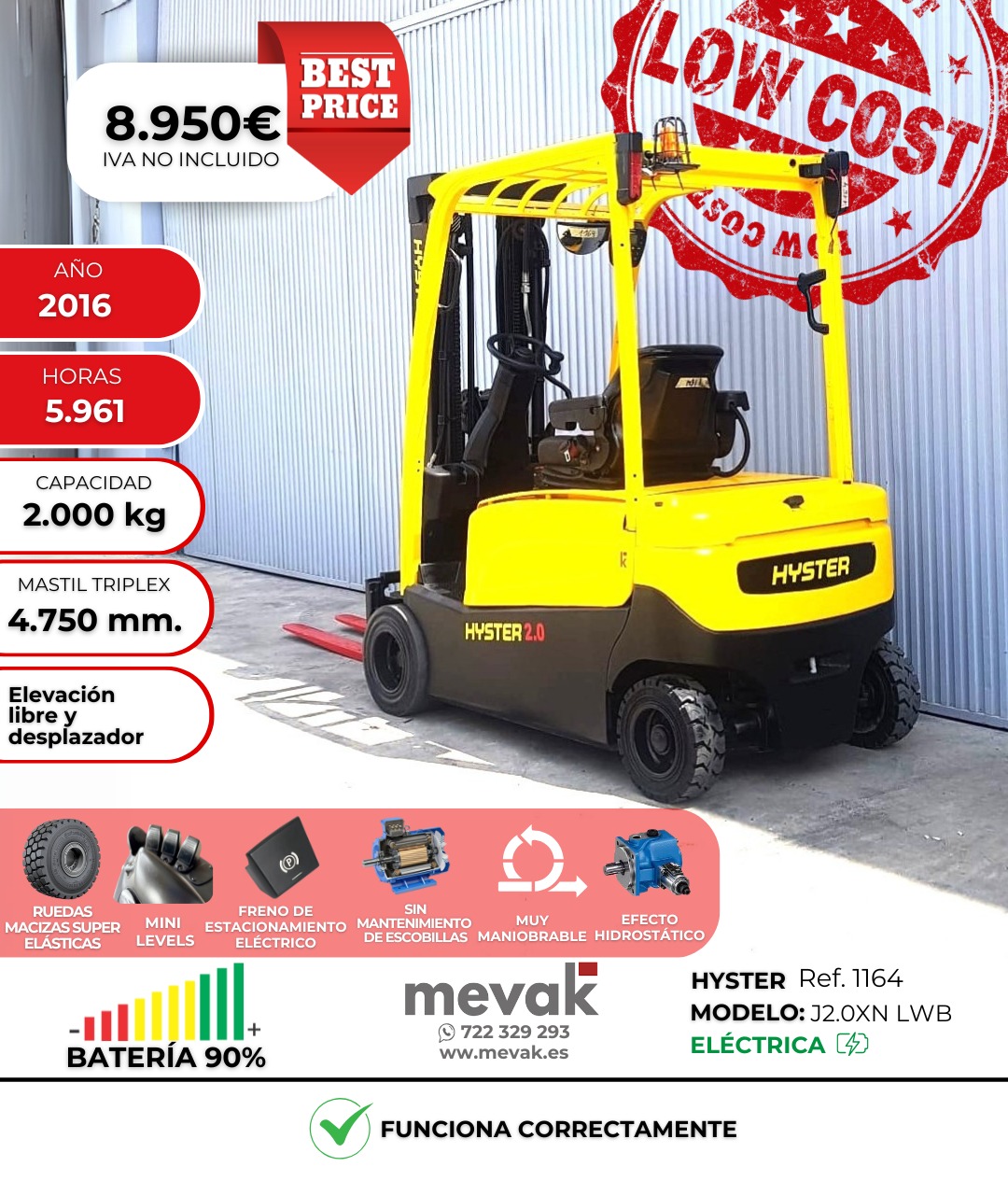 CARRETILLA ELEVADORA HYSTER SEMINUEVA BATERÍA 93%