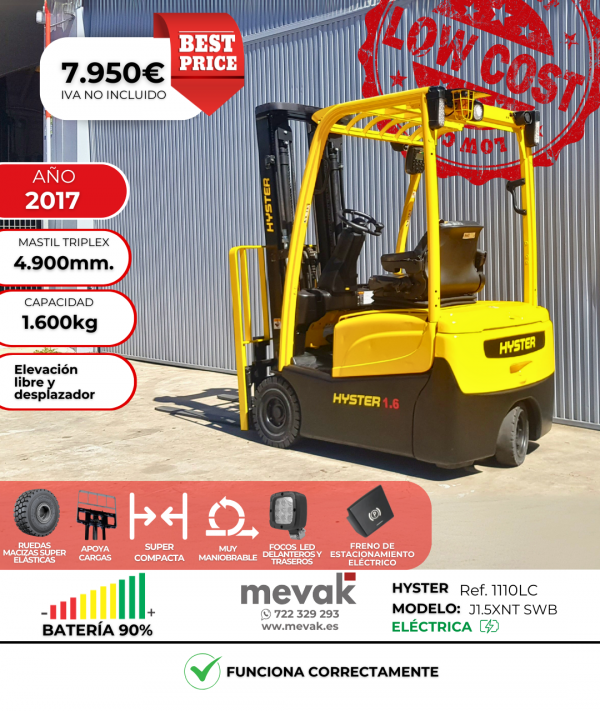 CARRETILLA ELEVADORA OCASION HYSTER BATERIA 90%