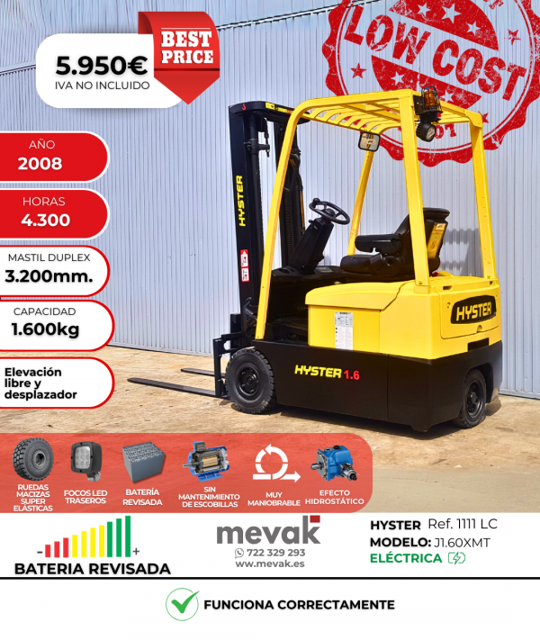 CARRETILLA ELEVADORA ELECTRICA HYSTER 1600 KG