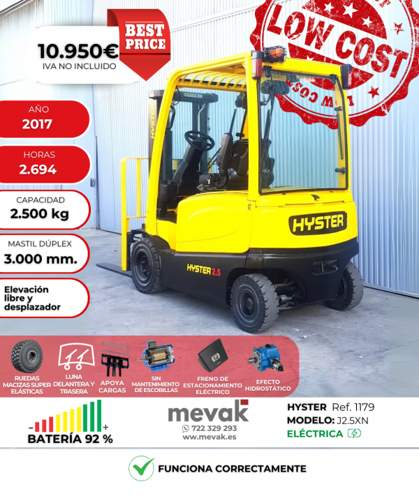 CARRETILLA ELEVADORA HYSTER SEGUNDA MANO BATERÍA 92%