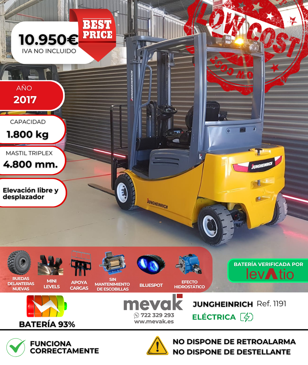 CARRETILLA ELEVADORA USADA JUNGHEINRICH BATERÍA 93%
