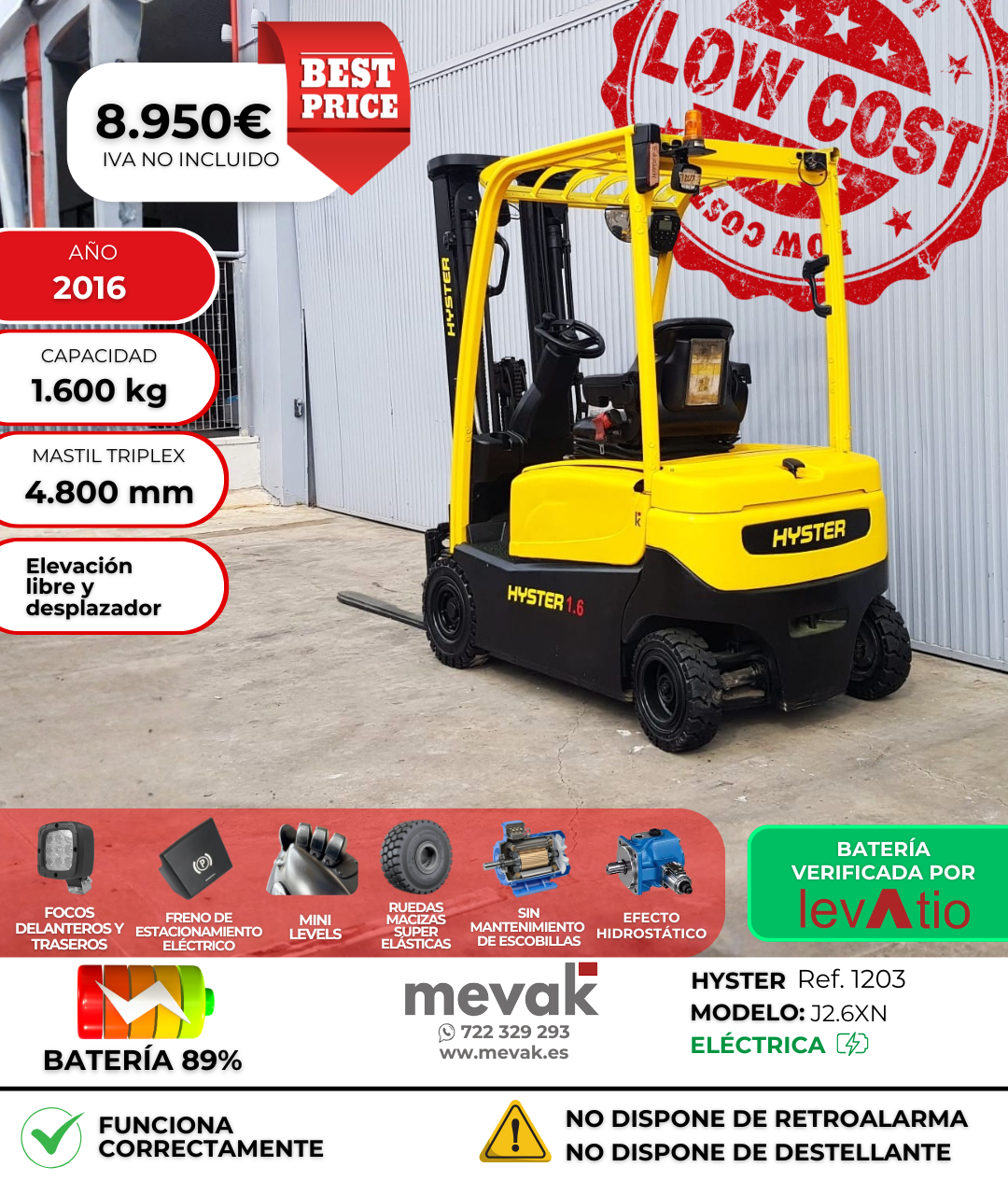 CARRETILLA ELEVADORA OCASION BATERIA 89%