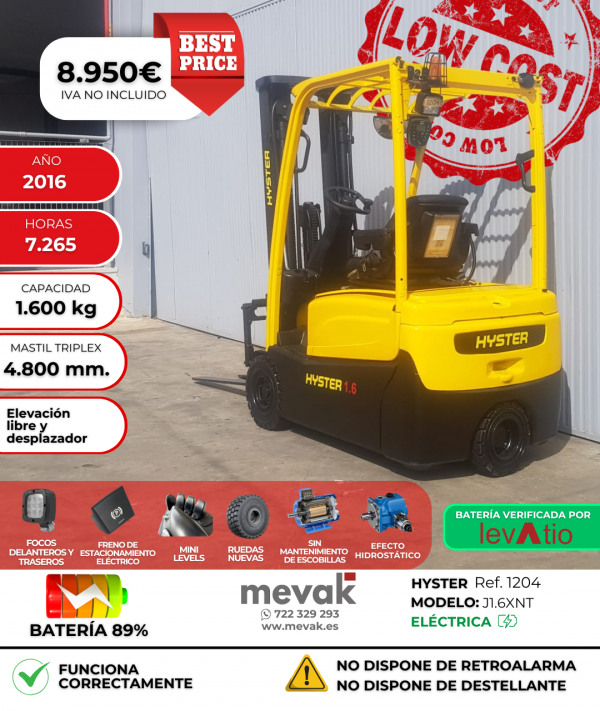 CARRETILLA ELEVADORA SEGUNDA MANO HYSTER BATERIA 89%