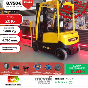 CARRETILLA ELEVADORA USADA HYSTER BATERIA 91%
