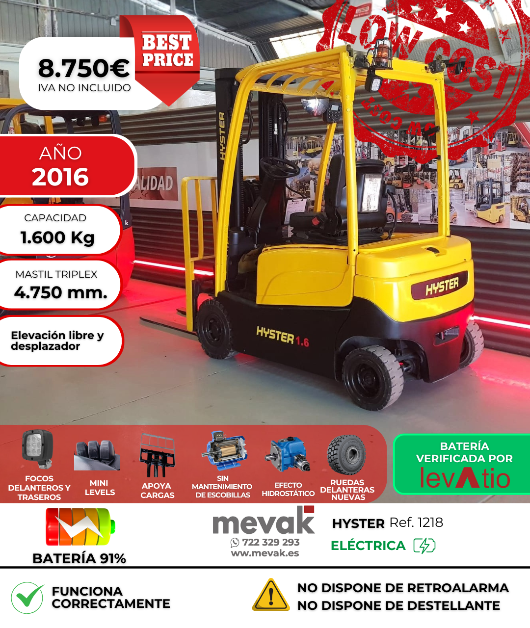 CARRETILLA ELEVADORA USADA HYSTER BATERIA 91%