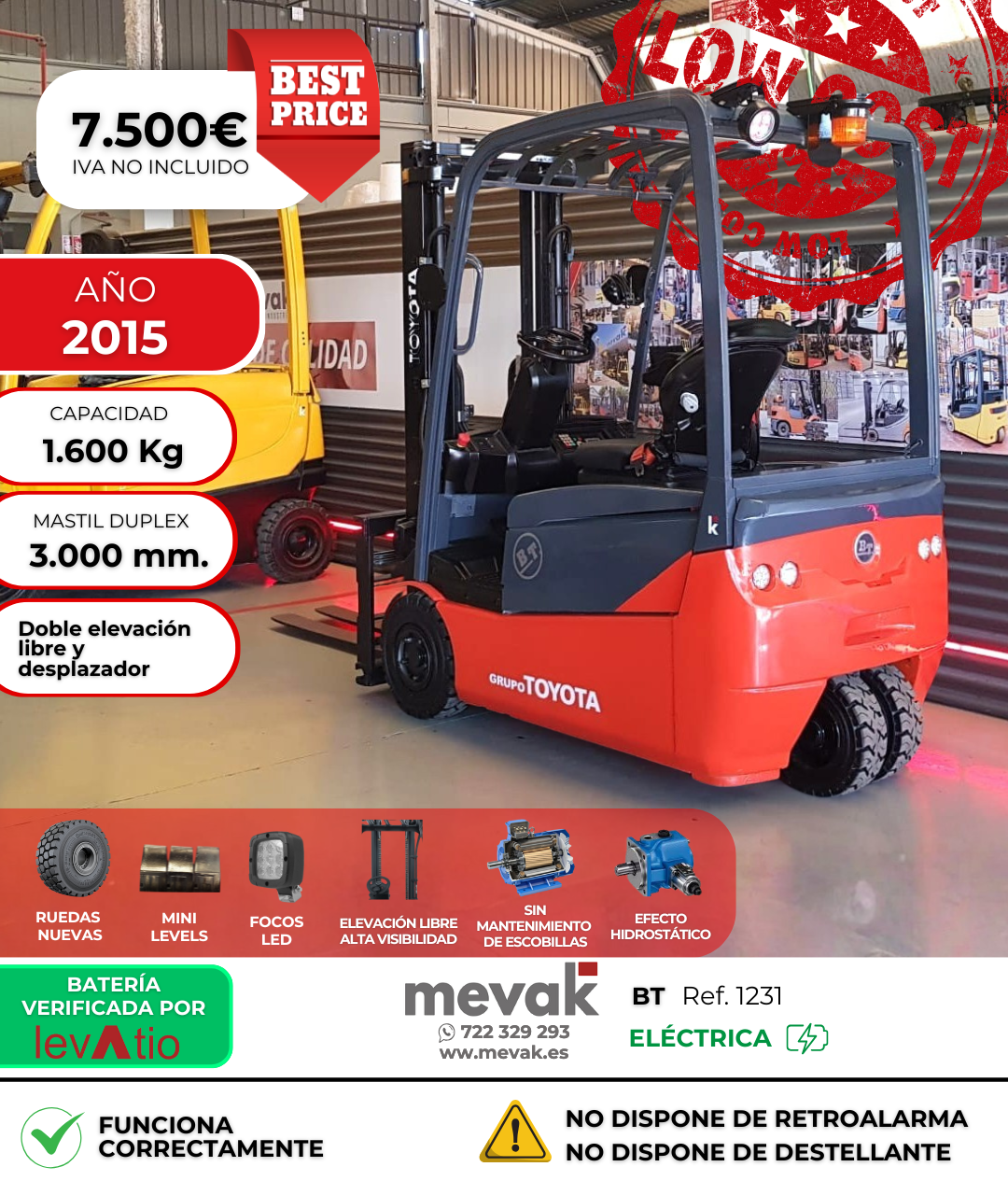 CARRETILLA ELEVADORA BT SEGUNDA MANO BATERÍA 93%