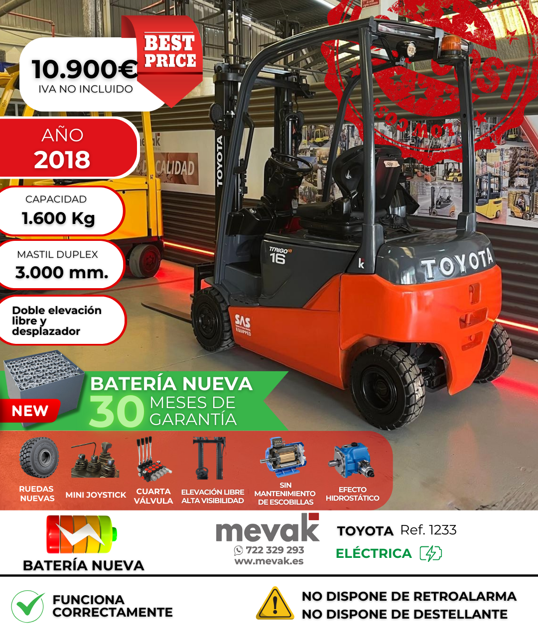 CARRETILLA ELEVADORA USADA TOYOTA BATERÍA NUEVA