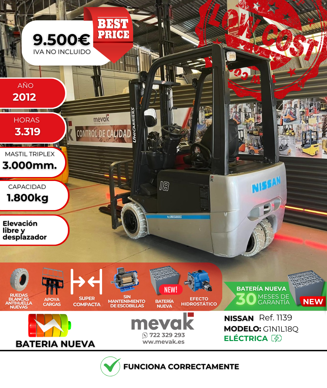 CARRETILLA ELEVADORA USADA NISSAN BATERIA NUEVA