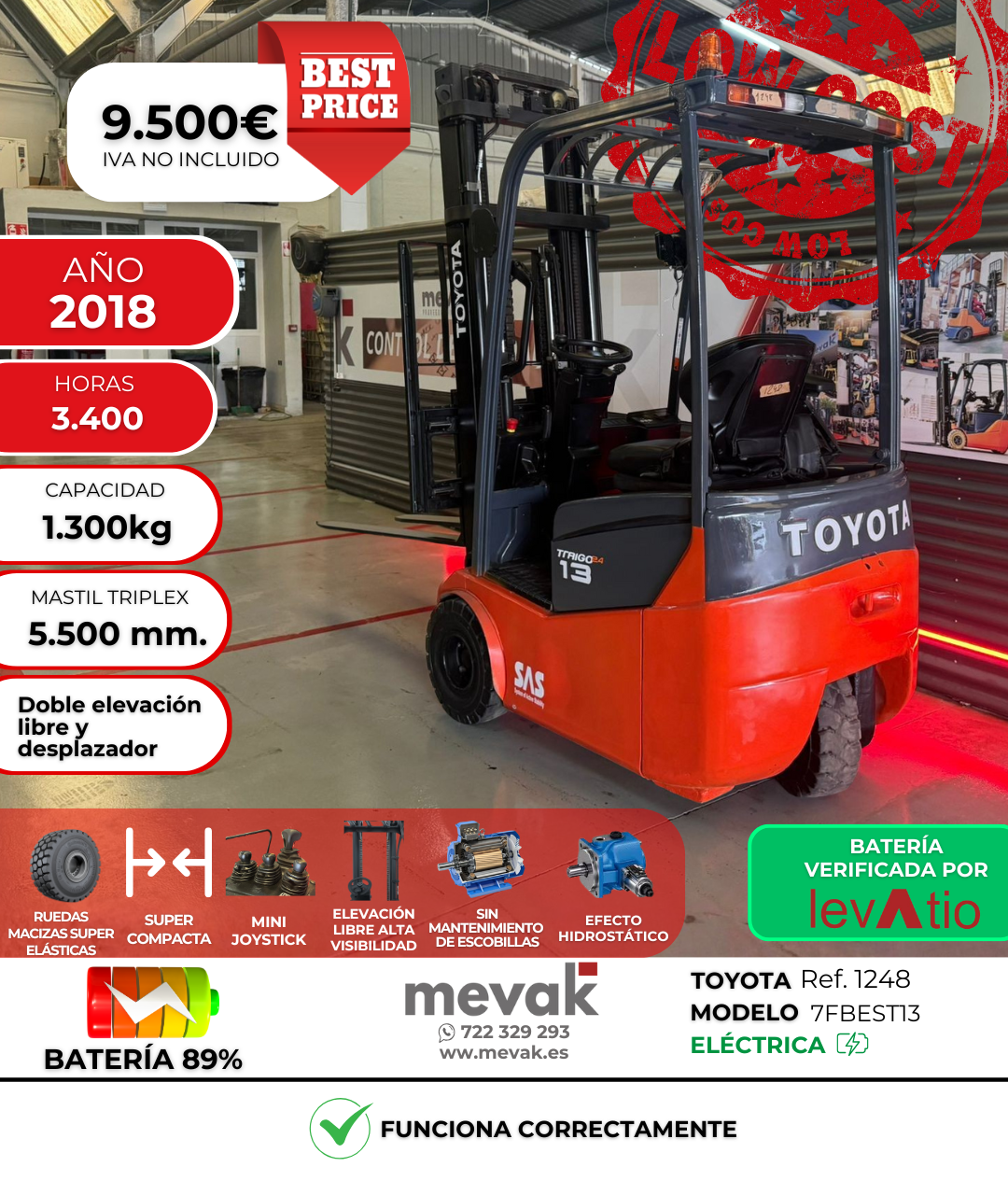 CARRETILLA ELEVADORA OCASION TOYOTA BATERIA 89%