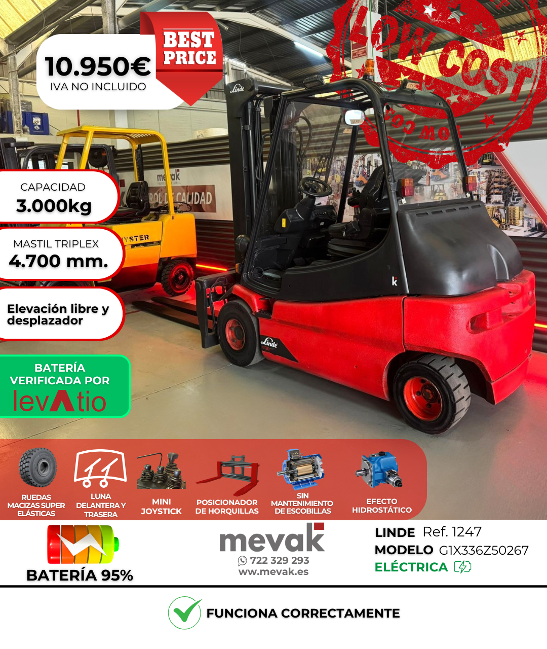 CARRETILLA ELEVADORA USADA LINDE BATERIA 95% VERIFICADA POR LEVATIO