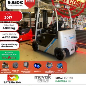 CARRETILLA ELEVADORA OCASION NISSAN BATERIA 90% VERIFICADA POR LEVATIO