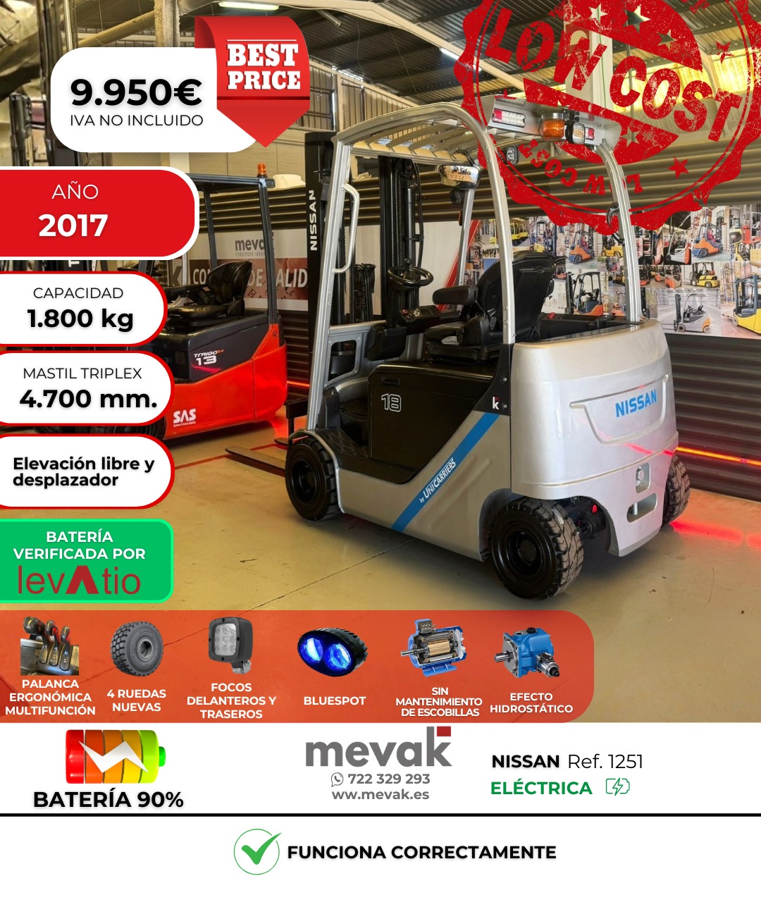 CARRETILLA ELEVADORA OCASION NISSAN BATERIA 90% VERIFICADA POR LEVATIO