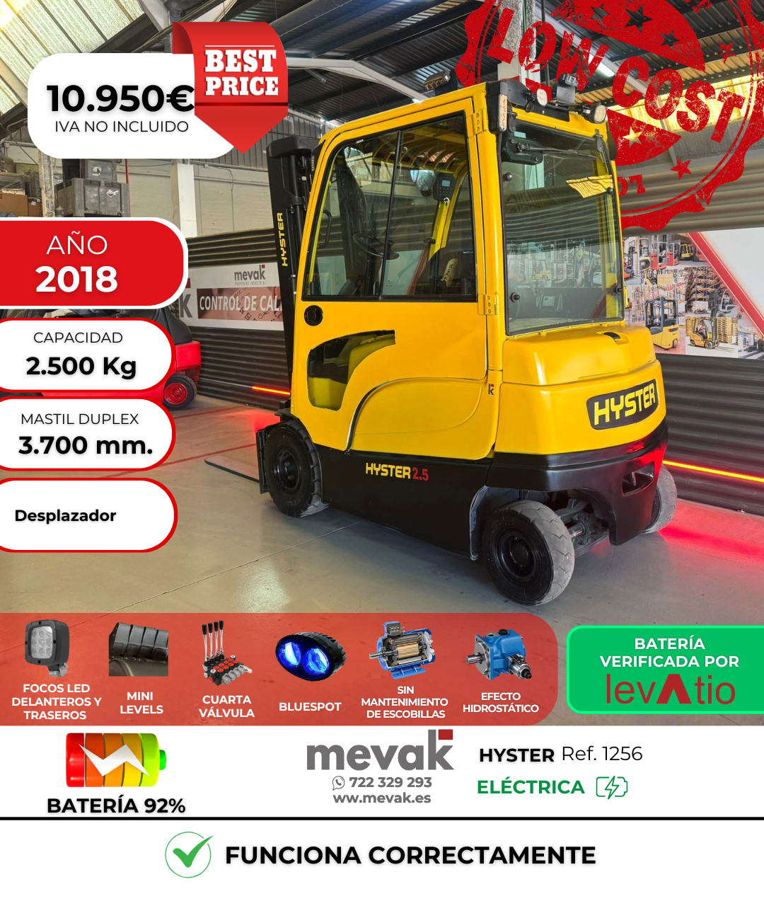 CARRETILLA ELEVADORA USADA HYSTER BATERÍA 92% VERIFICADA POR LEVATIO