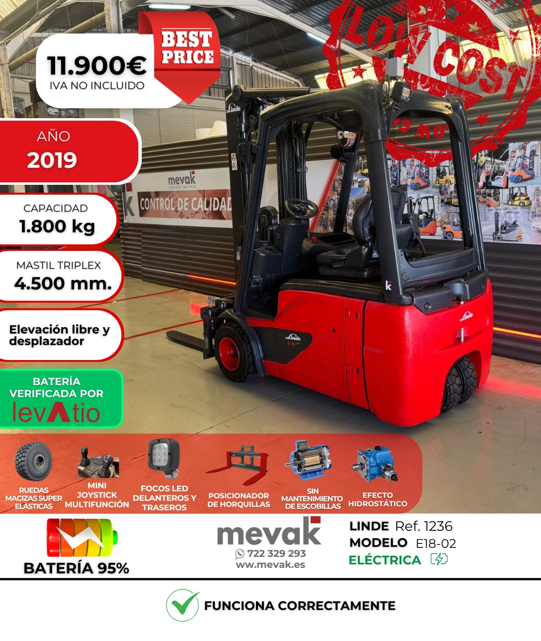 CARRETILLA ELEVADORA USADA LINDE BATERÍA 95% VERIFICADA POR LEVATIO