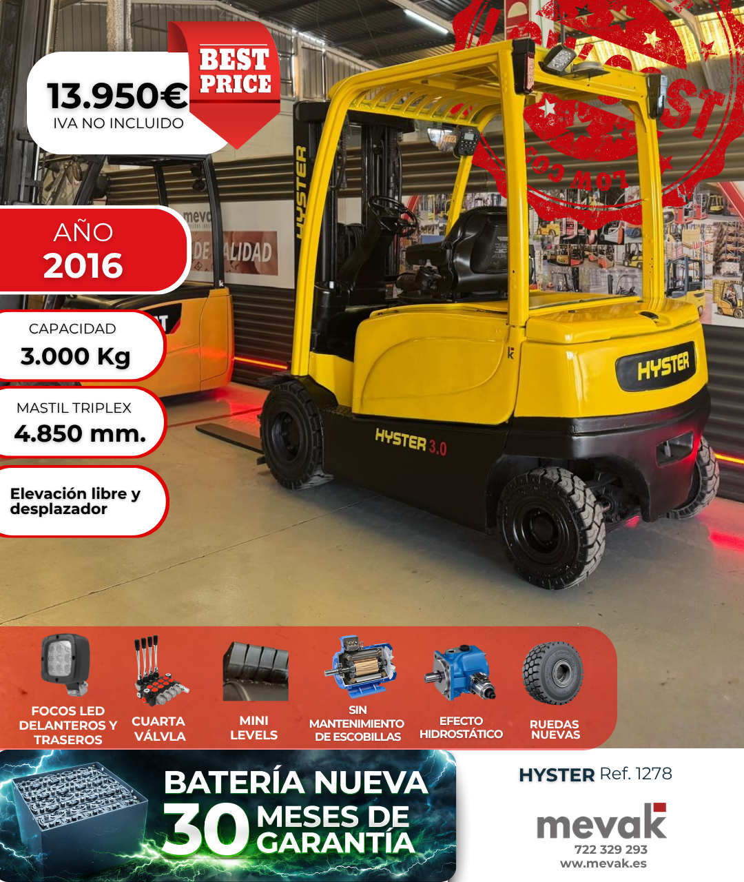 CARRETILLA ELEVADORA USADA HYSTER BATERIA NUEVA