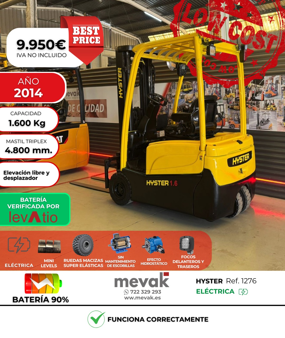 CARRETILLA ELEVADORA OCASION HYSTER BATERÍA 90% VERIFICADA POR LEVATIO