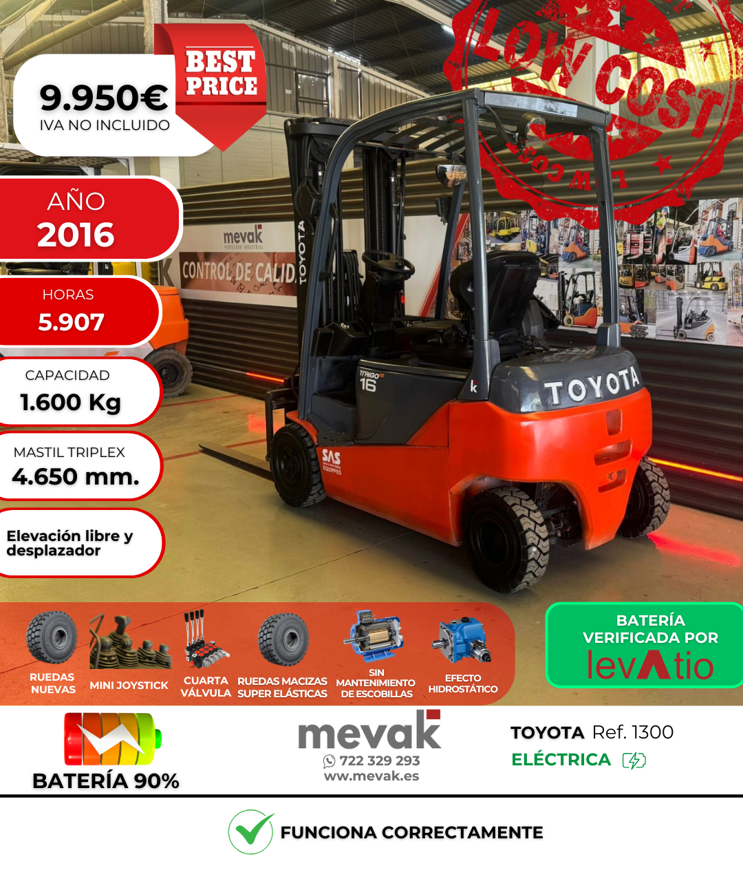 CARRETILLA ELEVADORA TOYOTA USADA BATERIA 90% VERIFICADA POR LEVATIO