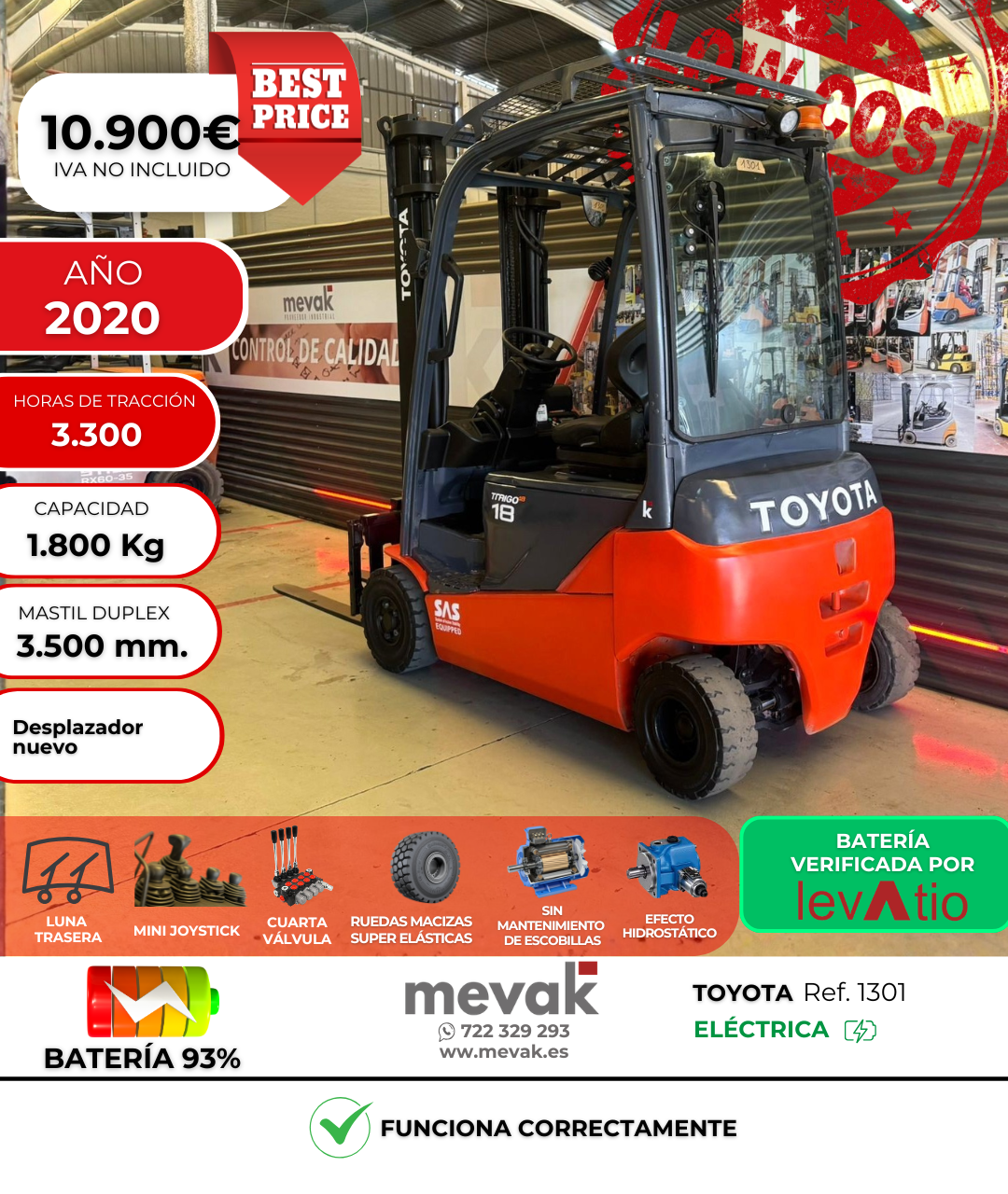 CARRETILLA ELEVADORA OCASION TOYOTA BATERIA 93% VERIFICADA POR LEVTIO