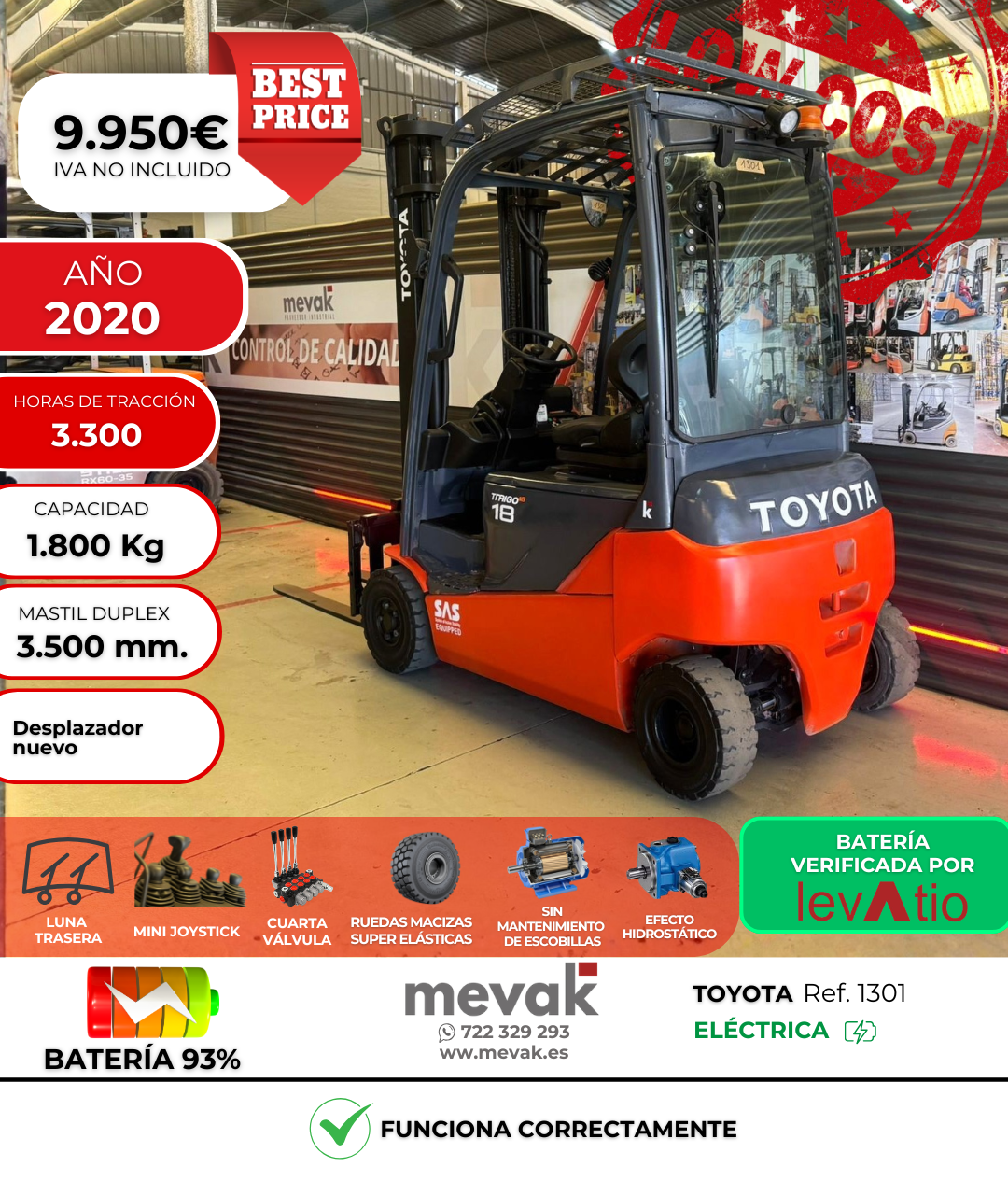 CARRETILLA ELEVADORA OCASION TOYOTA BATERIA 93% VERIFICADA POR LEVTIO