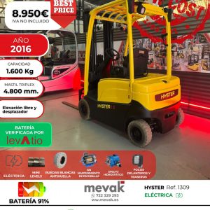 CARRETILLA ELEVADORA OCASION HYSTER 1600 KG BATERIA 91% VERIFICADA POR LEVATIO