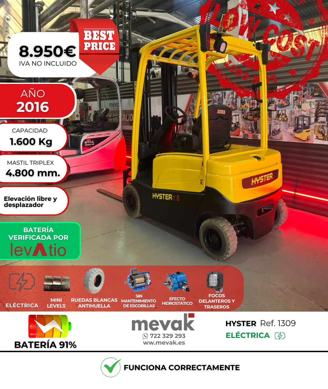 CARRETILLA ELEVADORA OCASION HYSTER 1600 KG BATERIA 91% VERIFICADA POR LEVATIO