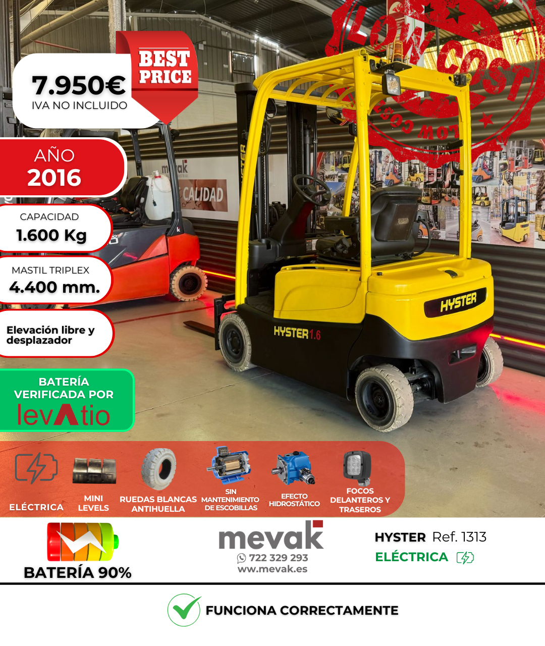 CARRETILLA ELEVADORA USADA HYSTER BATERÍA 90% VERIFICADA POR LEVATIO