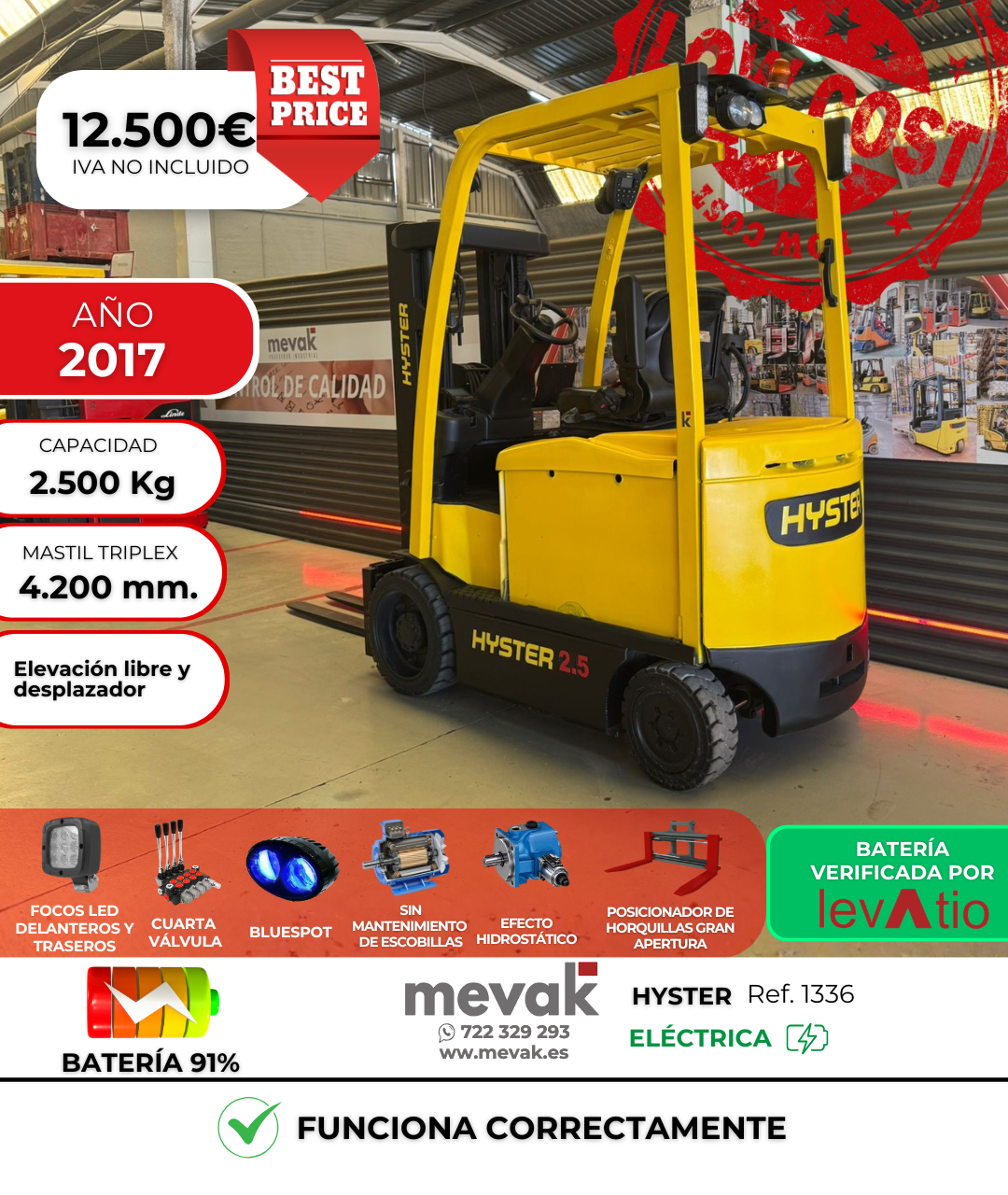 CARRETILLA ELEVADORA SEGUNDA MANO HYSTER BATERIA 93% VERIFICADA POR LEVATIO