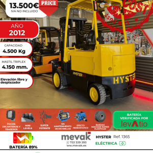 CARRETILLA ELEVADORA OCASION HYSTER 4500KG BATERIA 89% VERIFICADA POR LEVATIO