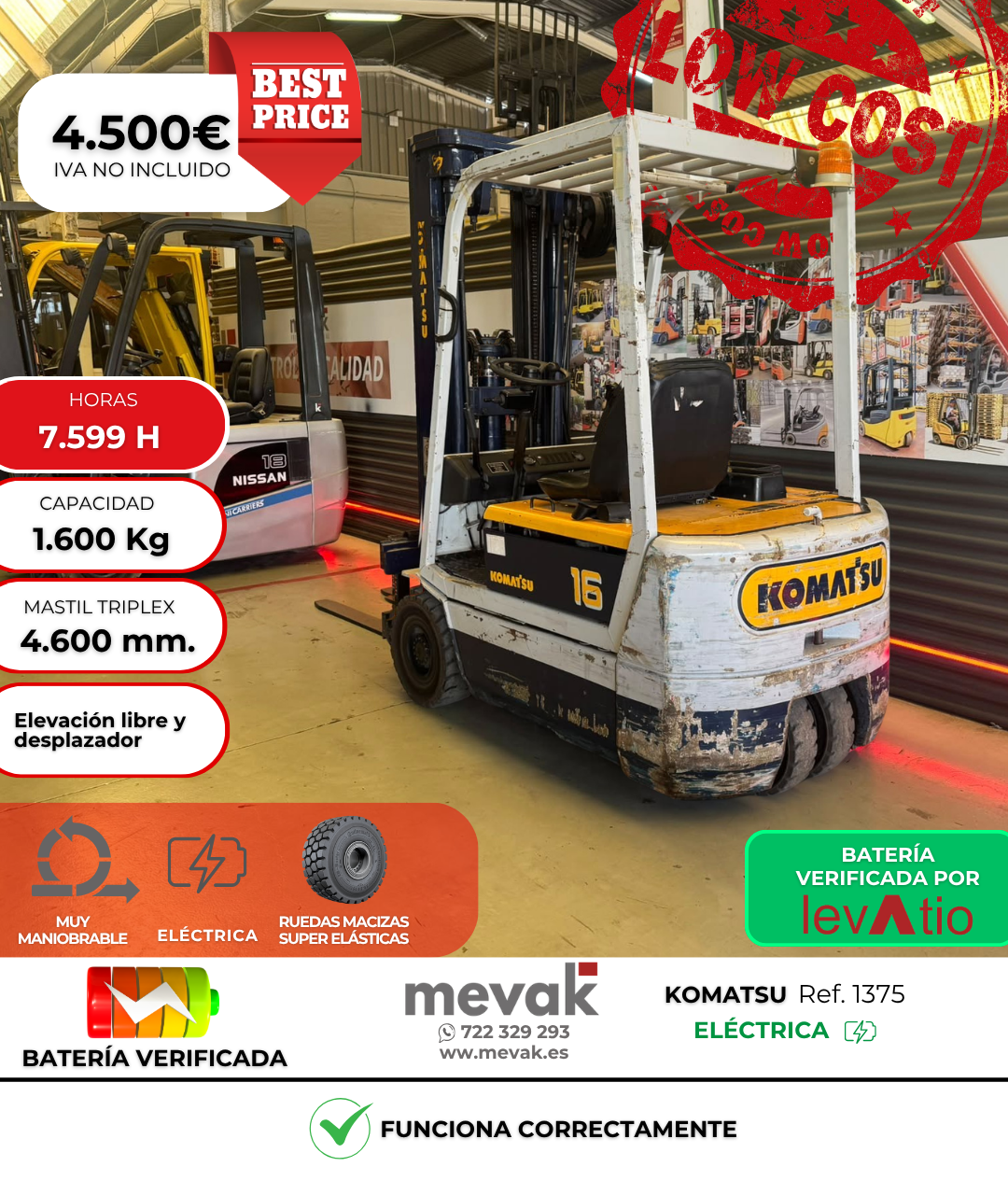 CARRETILLA ELEVADORA OCASION KOMATSU BATERÍA VERIFICADA POR LEVATIO